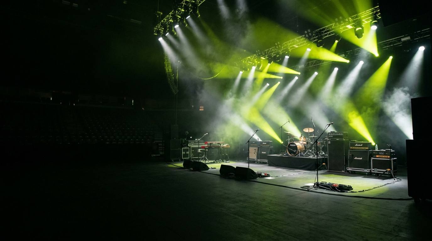 Benefit concert stage lit up before the show